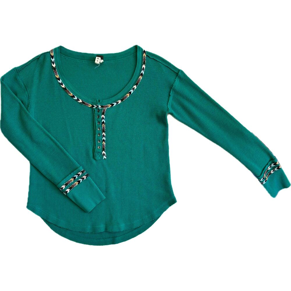 FREE PEOPLE We The Free+ Stretch Cotton Top Women's Size M Green Embellished
